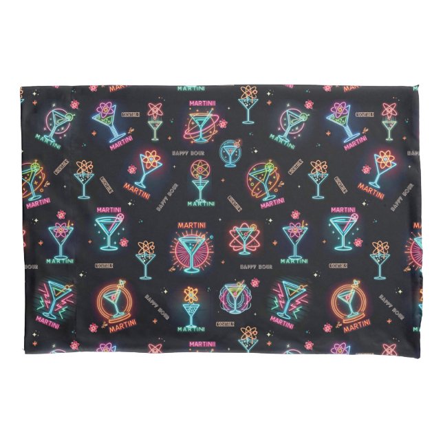 Neon Sign Space Age Atomic Martini Cocktails Print Pillowcase (Front)