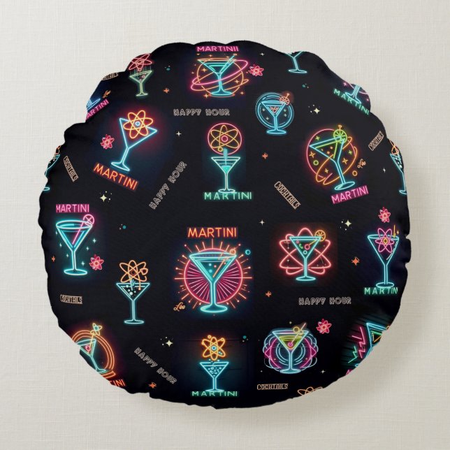 Neon Sign Space Age Atomic Martini Cocktails Print Round Pillow (Front)
