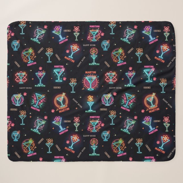 Neon Sign Space Age Atomic Martini Cocktails Print Sherpa Blanket (Front (Horizontal))