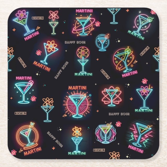 Neon Sign Space Age Atomic Martini Cocktails Print Square Paper Coaster (Front)