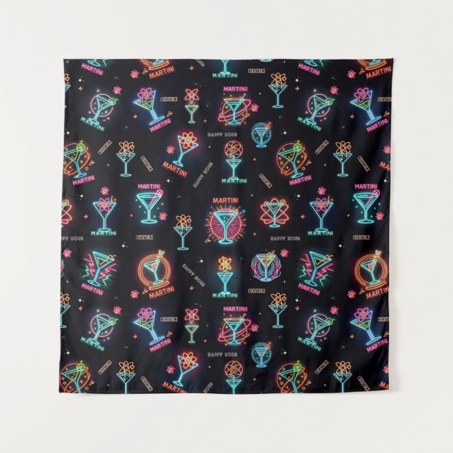 Neon Sign Space Age Atomic Martini Cocktails Print Tapestry (Front)