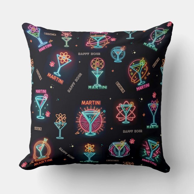 Neon Sign Space Age Atomic Martini Cocktails Print Throw Pillow (Front)