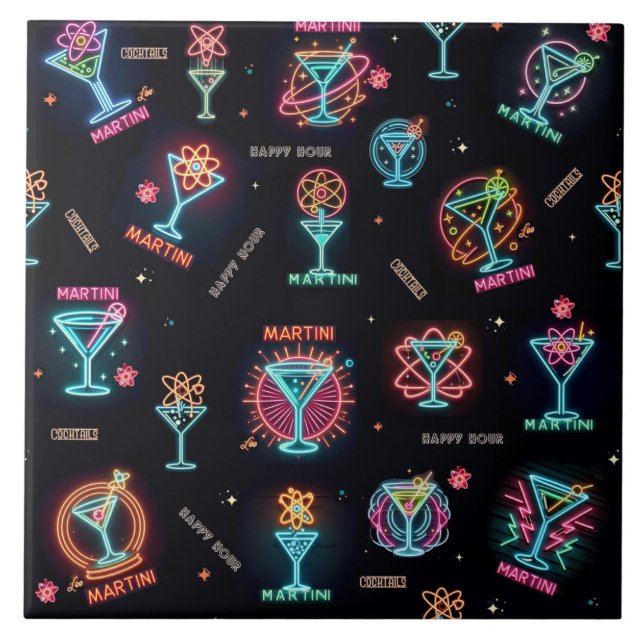 Neon Sign Space Age Atomic Martini Cocktails Print Tile (Front)