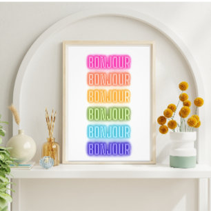 Neon Sign Style Bonjour Repeating Rainbow Print