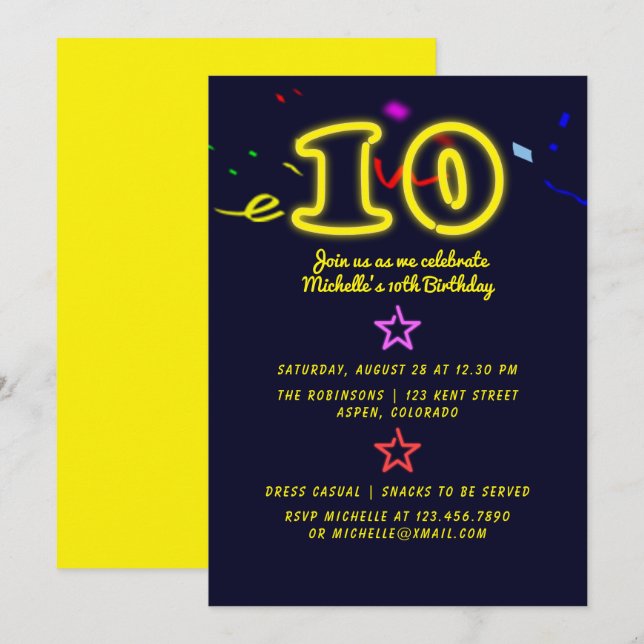 Neon Sign Tenth Birthday Party Invitation (Front/Back)