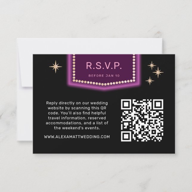 Neon Sign Vegas Wedding QR Code Online RSVP Card (Front)