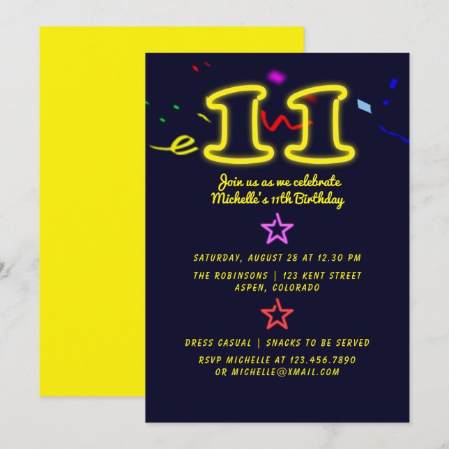Neon Signé Onzième Anniversaire Fête Invitation (Devant / Derrière)