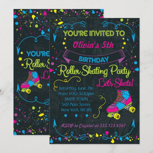 Neon, Skate Party Invitations (Front/Back)