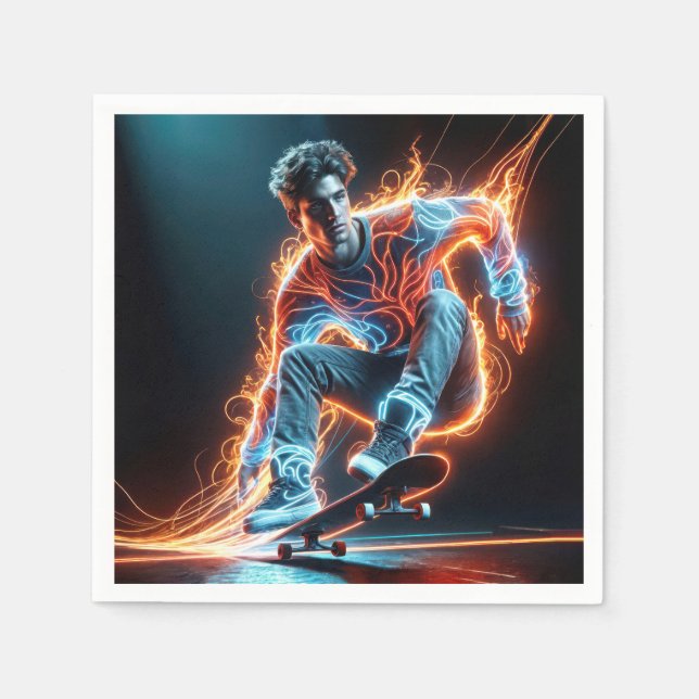 Neon Skateboarder With Fiery Light Trails Napkin (Front)