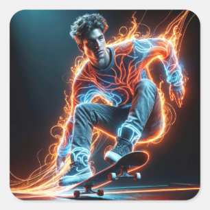 Neon Skateboarder With Fiery Light Trails Square Sticker