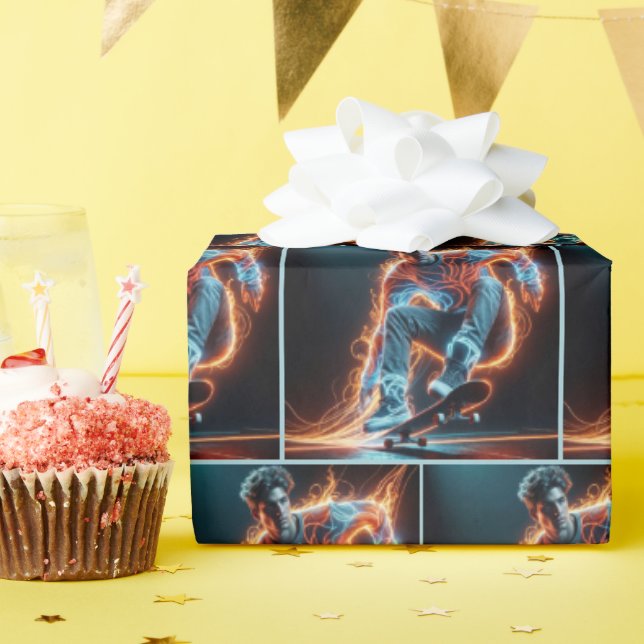 Neon Skateboarder With Fiery Light Trails Wrapping Paper (Birthday Party)