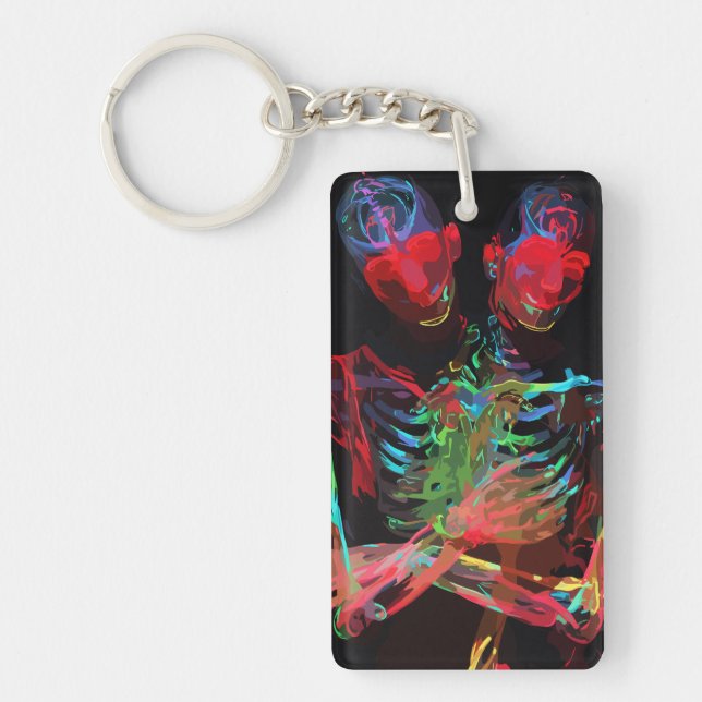 Neon Skeleton Embrace Art Fusion Keychain (Front)