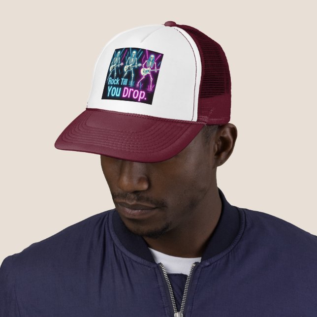 Neon Skeletons Rock Hard Halloween Trucker Hat (In Situ)