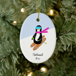 Neon Skiing Penguin Personalized Christmas Ceramic Ornament