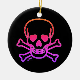 Neon Skull black round ceramic ornament