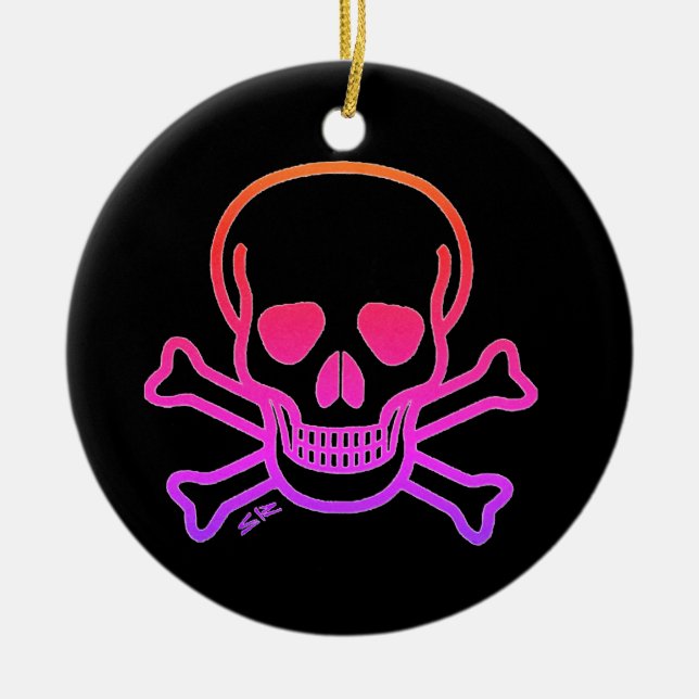 Neon Skull black round ceramic ornament 2 sided (Front)