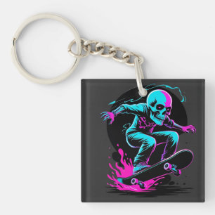 Neon Skull Skateboard Art – Edgy Skater Design Keychain