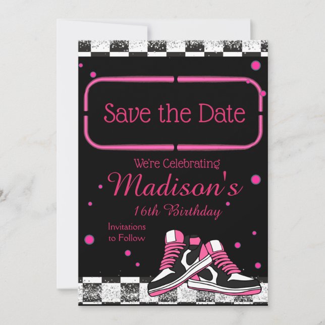 Neon Sneaker Birthday, Glitter Save The Date (Front)