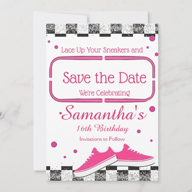 Neon Sneaker Birthday, Glitter Save The Date (Front)