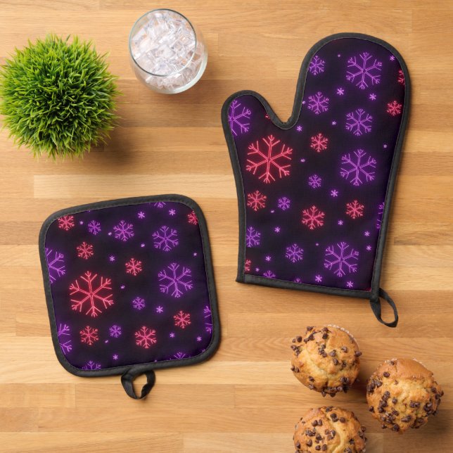 Neon Snowflakes Oven Mitt & Pot Holder Set (Top Down)