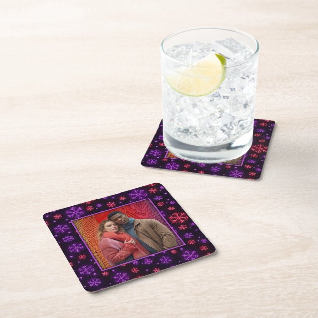 Neon Snowflakes Square Paper Coaster (Insitu)