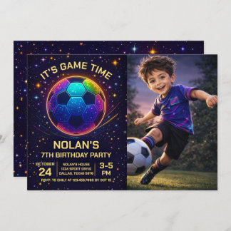Neon Soccer Birthday Photo Invitation