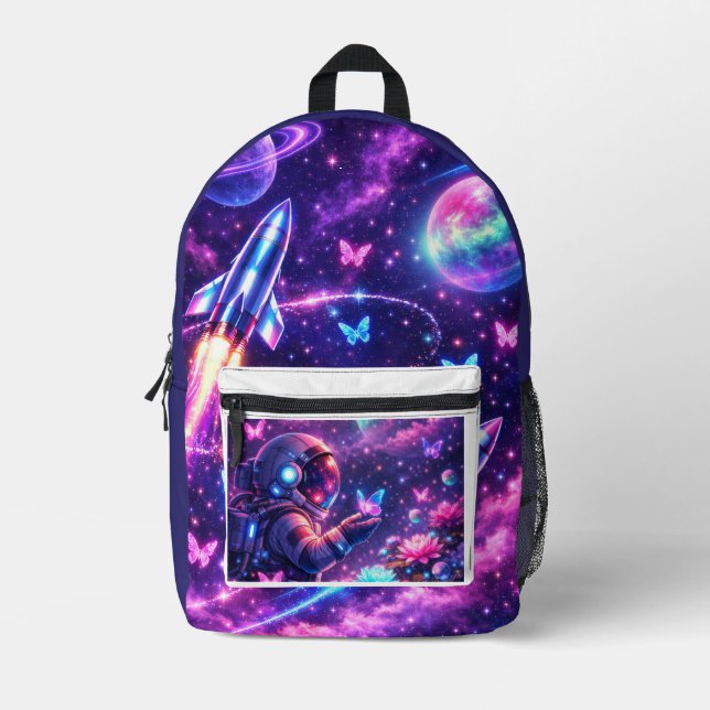 Neon Space Butterfly Galaxy Art Printed Backpack (Front)