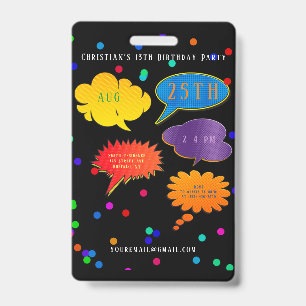 Neon Speech Bubble Boy Girl Birthday Party Invitat Badge
