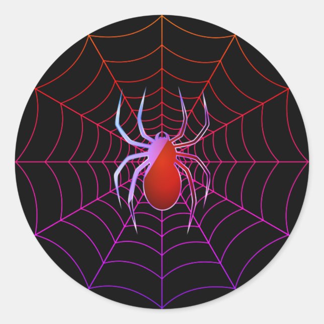 Neon spider and spiderweb classic round sticker (Front)