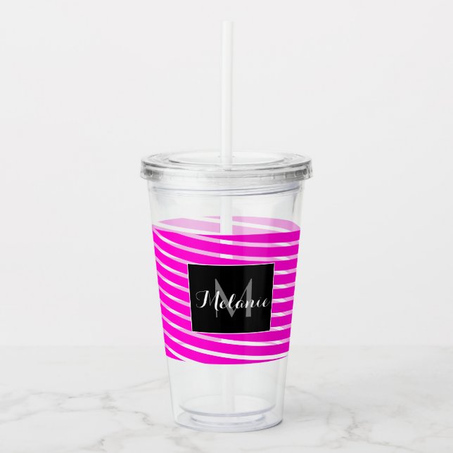 Neon Spiral Ribbon Stripes Monogram Custom Name Acrylic Tumbler (Front)