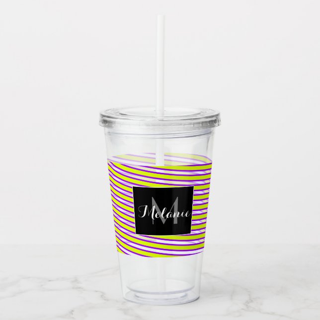 Neon Spiral Ribbon Stripes Monogram Custom Name Acrylic Tumbler (Front)