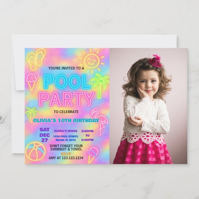 Neon Splash Pool Party Invitation (Front)