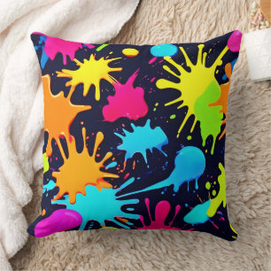 Neon Splatter Art: Vibrant Abstract Expressionism Throw Pillow