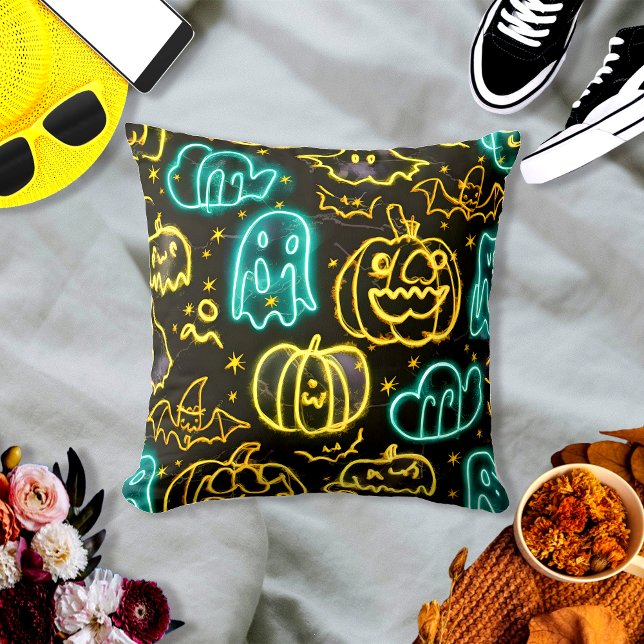 Neon Spooky Halloween Ghost Bats Pumpkins Pattern Throw Pillow (Creator Uploaded)