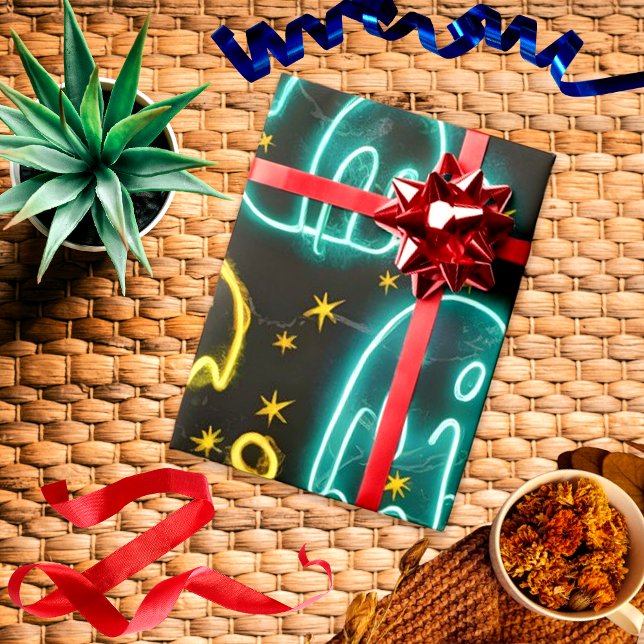 Neon Spooky Halloween Ghost Bats Pumpkins Pattern Wrapping Paper (Creator Uploaded)