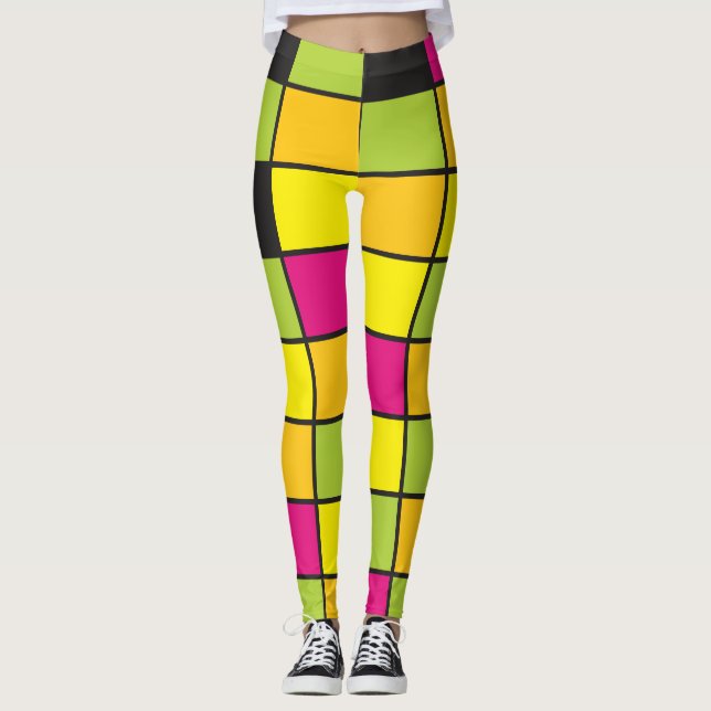 Neon Squares Pattern Colourful  Leggings (Front)