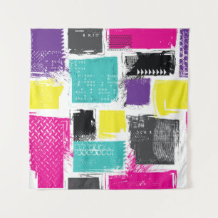 Neon Squares Retro Abstract Pattern Tapestry
