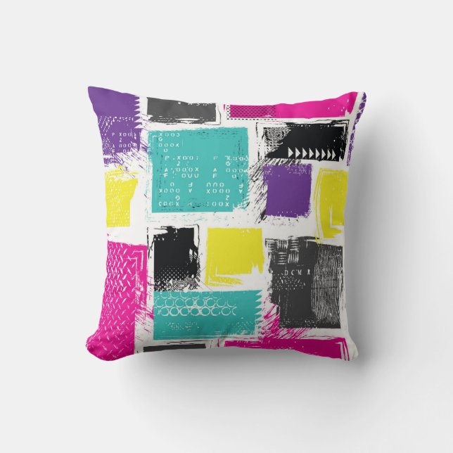 Neon Squares Retro Abstract Pattern Throw Pillow (Front)