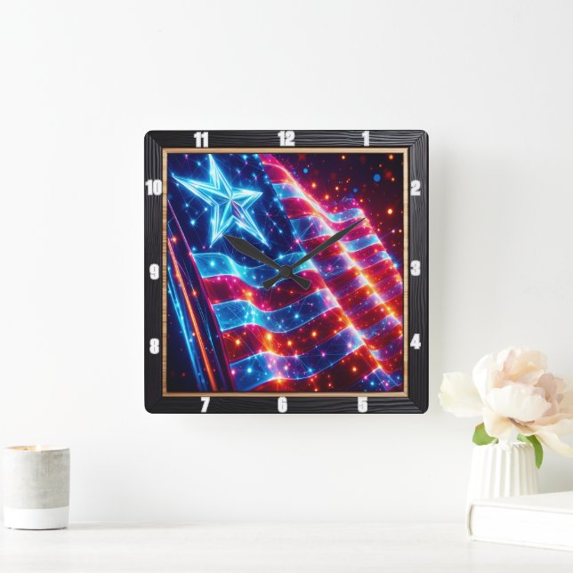 Neon Star American Flag Modern Square Wall Clock (Home)
