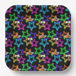 Neon Stars On Black Paper Plate