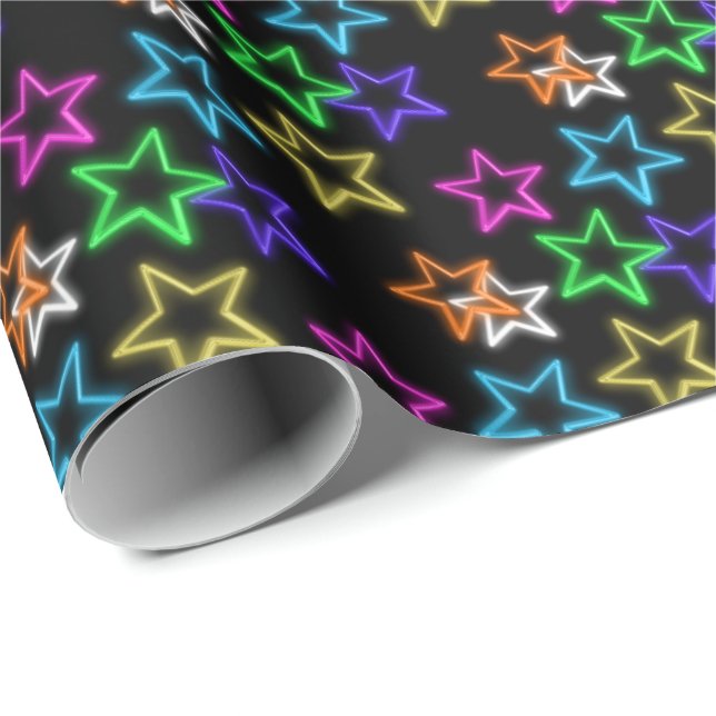 Neon Stars On Black Wrapping Paper (Roll Corner)