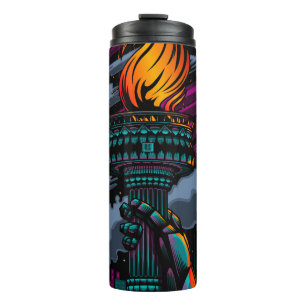 Neon Statue of Liberty Rain Scene Purple Teal NYC Thermal Tumbler
