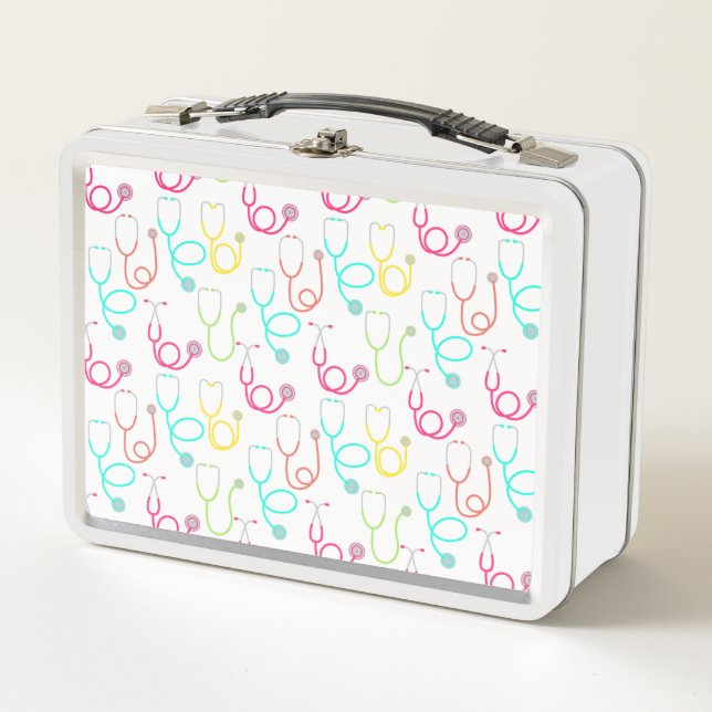 Neon Stethoscope Pattern Metal Lunch Box (Front)
