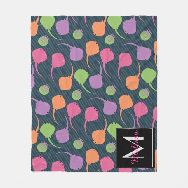 Neon Stingrays Colourful Fun Monogram Custom Name Fleece Blanket (Front)
