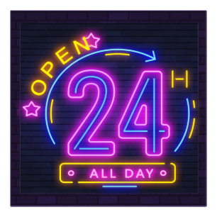 Neon Stores open 24 hours  Window Cling Photo Print