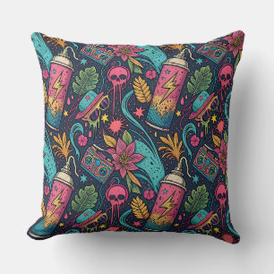 Neon Street Graffiti Tropical Urban Art Pattern Throw Pillow