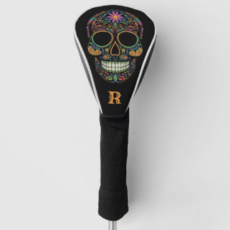 Neon Sugar Skull Day of the Dead Monogram Initial Golf Head Cover