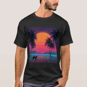 Neon Sunset Cat on Cyber Shore T-Shirt
