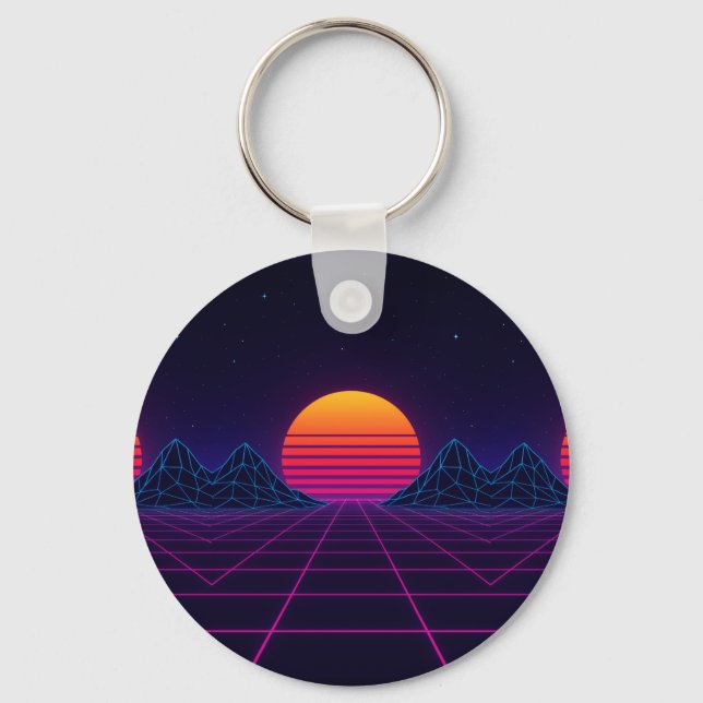 Neon Sunset Grid – Retro-Futuristic Synthwave Stic Keychain (Front)