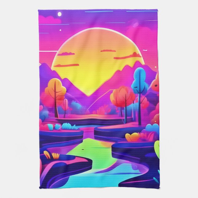 Neon Sunset Landscape Kitchen Towel (Vertical)